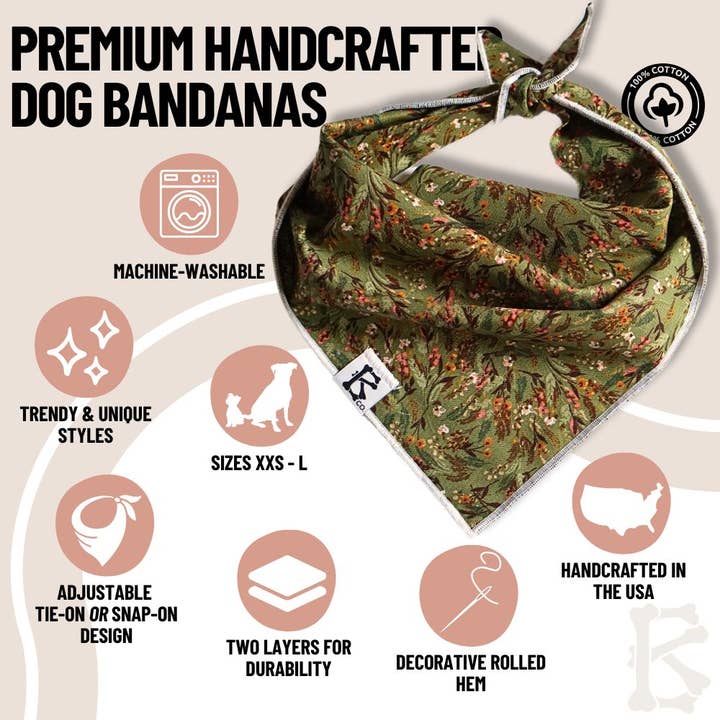 Boneyard Co. - Wholesale Pet Bandana - Dog - "Wildflower" Green Spring Floral Dog Bandana