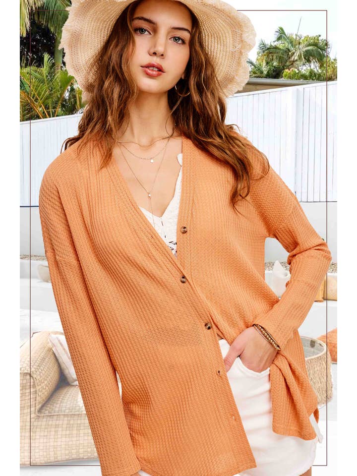 La Miel - Wholesale Cardigan - Women's - HBC2175-Soft Waffle Fabric Button Down Long Sleeve Cardigan