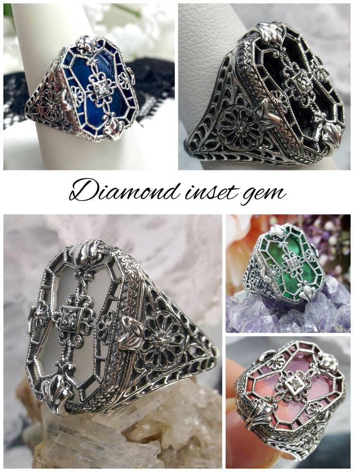 D203, Stained Glass Ring, Sterling Silver Filigree with Stained-Glass & Diamond Inset Gem, Art Deco Jewelry #D203 for wholesale by Silver Embrace Jewelry