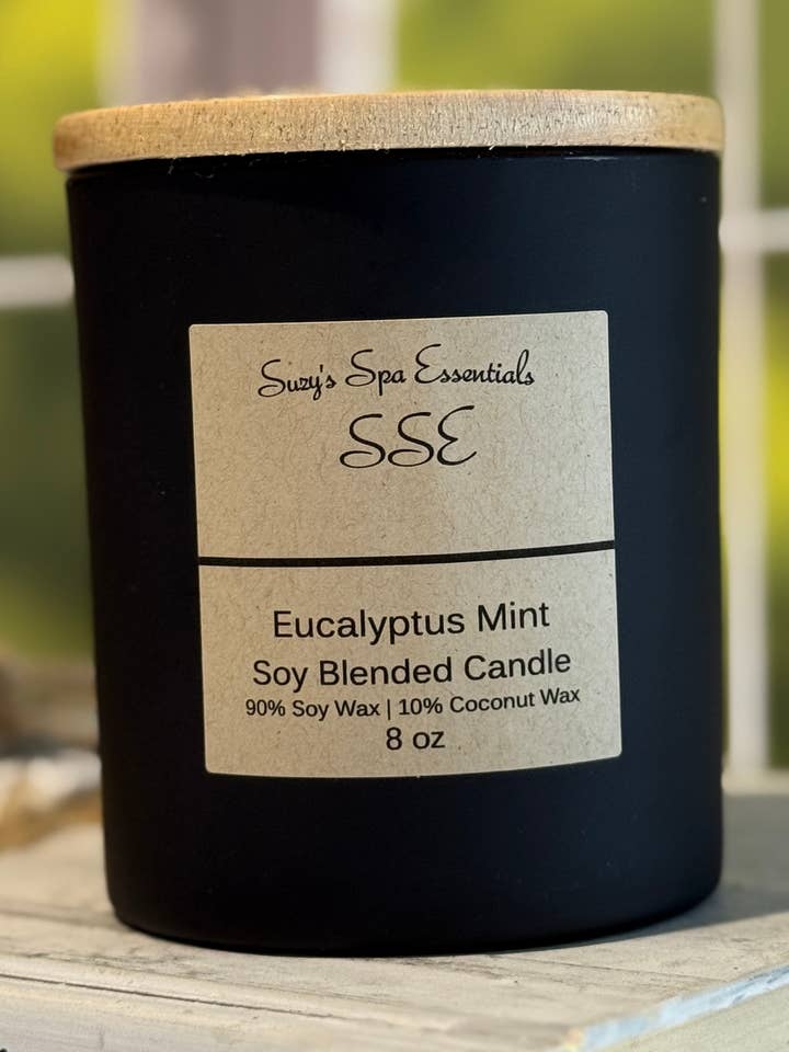 Vela de mezcla de soja de eucalipto y menta – 8 oz – Tarro negro mate para venta al por mayor de Suzy Spa Essentials