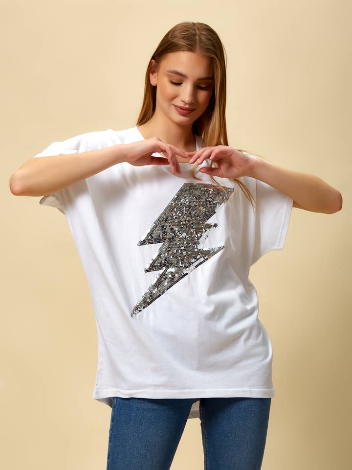 Flash Top met lovertjes Relaxte pasvorm in wit voor wholesale door Hoxton Gal