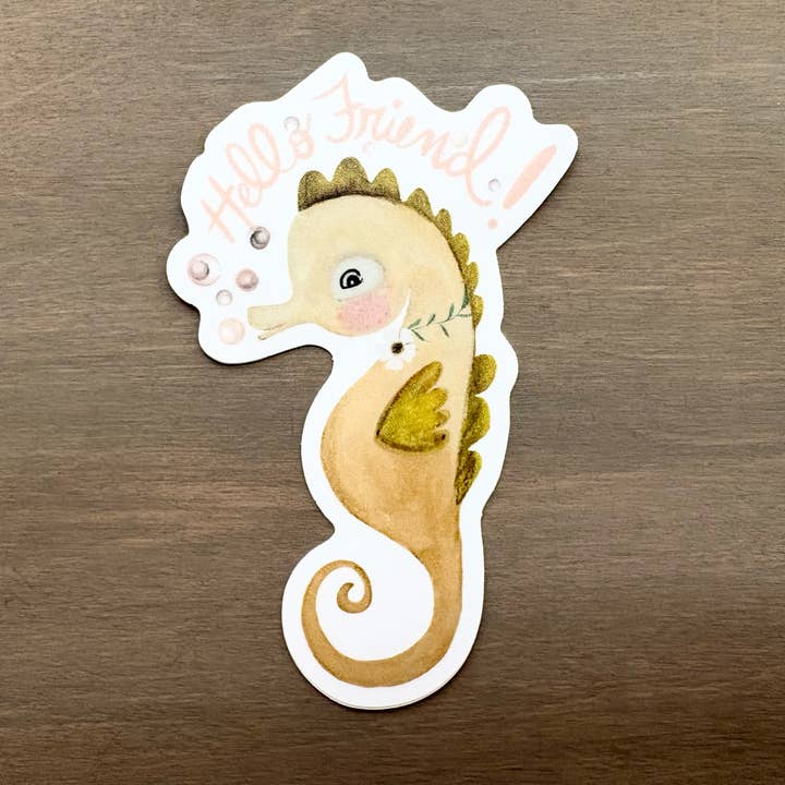 Cute Seahorse Friend Handpainted Waterproof Vinyl Sticker for wholesale by Maryellen Kim Art And Design
