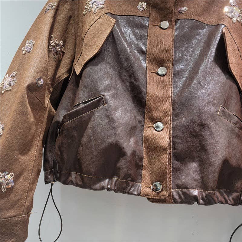 Farbe als Bilder JK182 Handgefertigte Jeansjacke aus PU-Leder mit Perlen und Pailletten für den Großhandel auf Faire4