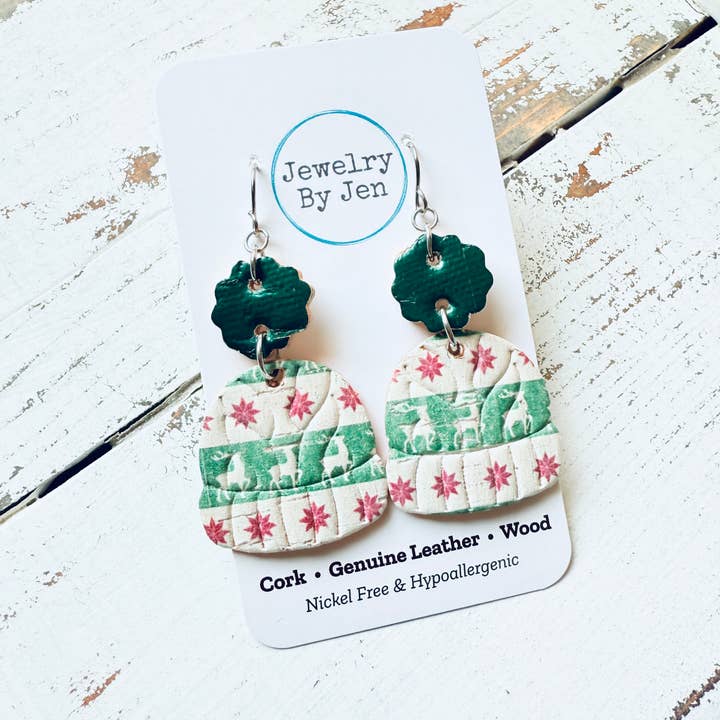 Jewelry By Jen - Wholesale Dangle earrings - Winter Hat Earrings: Green & Red Reindeer1