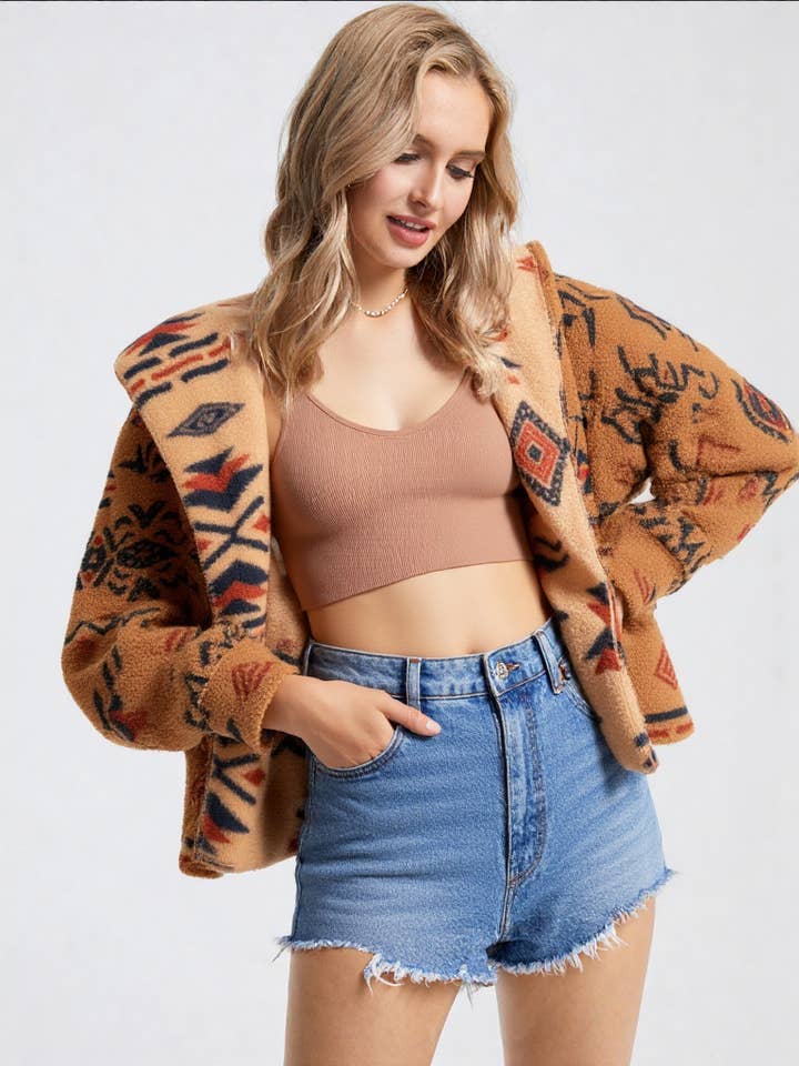 VERY J - Wholesale Jacket - Women's - NJ90199-Aztec Tribal Print Hooded Oversize Fleece Jacket
