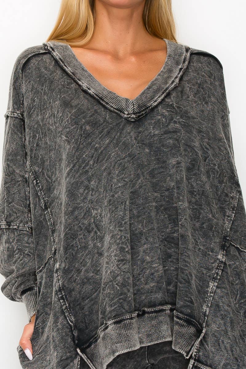 Black MineralWashed Boho Oversized Vneck Sweatshirts HT4173 for wholesale on Faire1