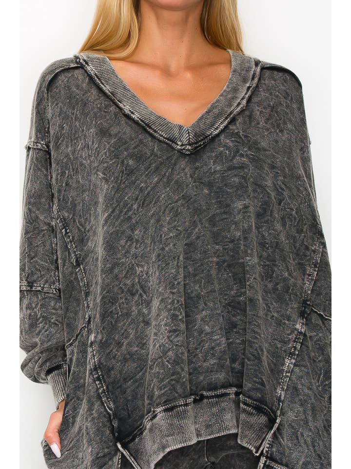 Black MineralWashed Boho Oversized Vneck Sweatshirts HT4173 for wholesale on Faire1