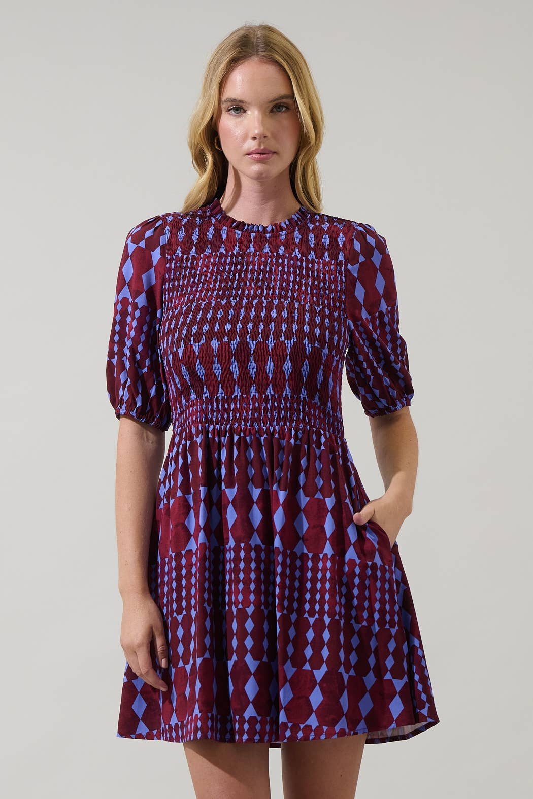 BURG BLUE Ramsay Abstract Sulen Smocked Mini Dress for wholesale on Faire