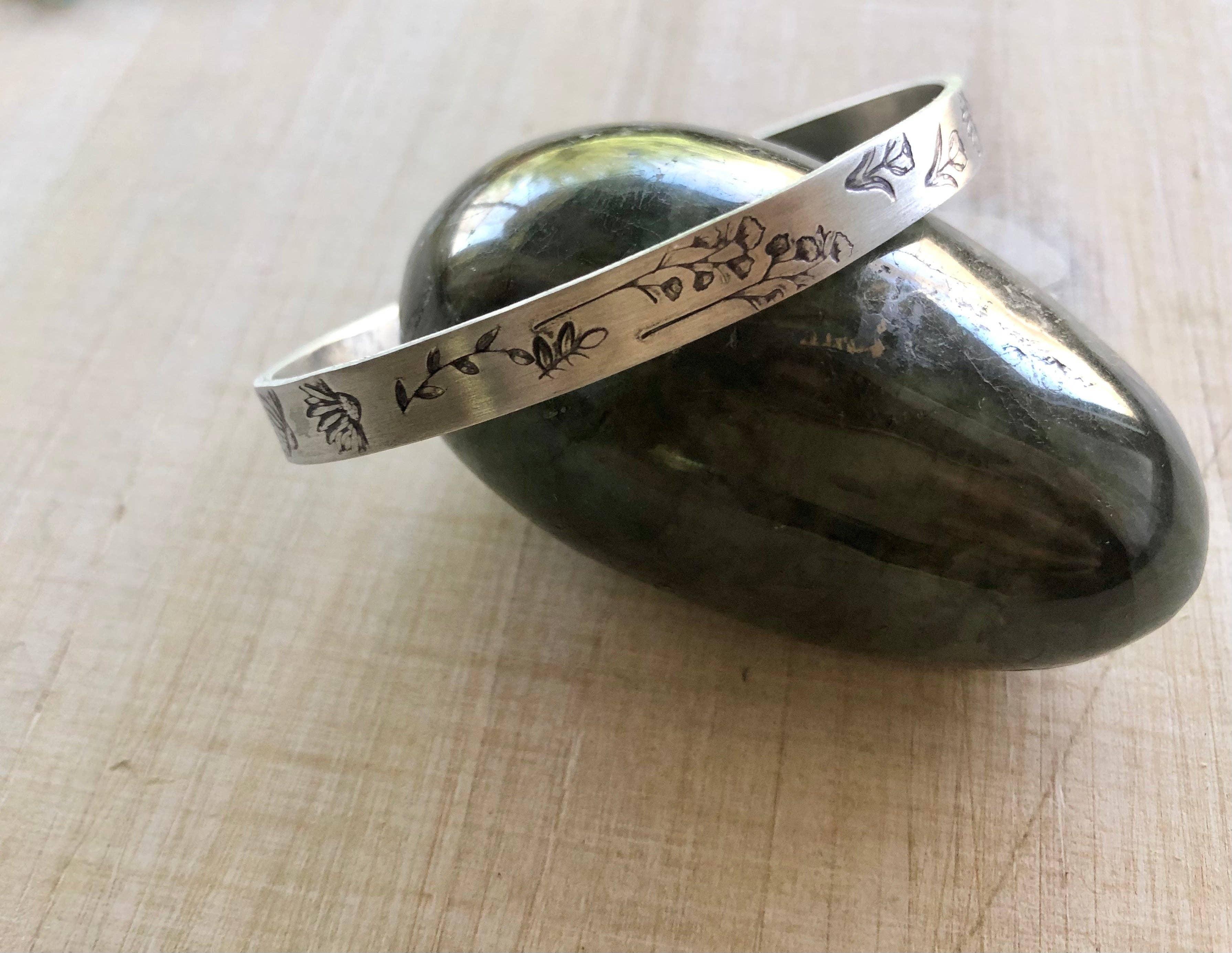 Rising Dawn Boutique – wholesale Cuff bracelet – Silver cuff with hand stamped wildflowers, skinny version4