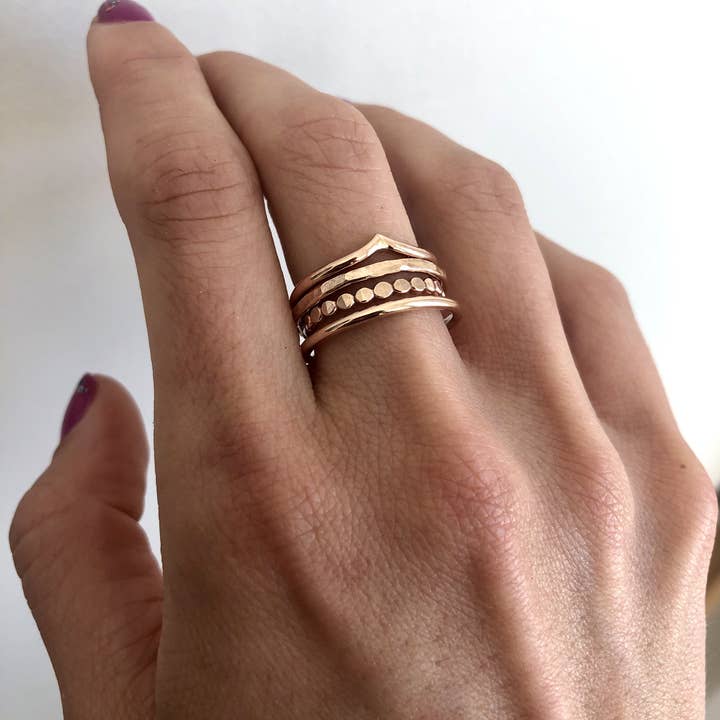 Set of Four 14k Rose Gold Fill Stacking Rings - Chevron, Medallion, Hammered, and Classic for wholesale by Violet Moon Jewelry