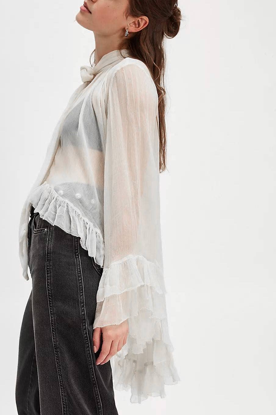 Rosa Clothing - Wholesale Blouse - Women's - billowy ruffle sheer top flowy Full Sleeve Frill Top3