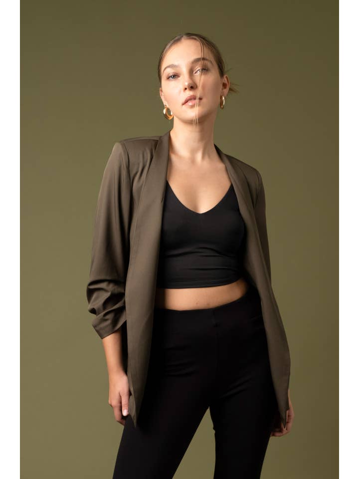 The Workshop Studio - Wholesale Blazer - Women's - COLLARLESS 3/4 RUCHED SLEEVE LONGLINE BLAZER19