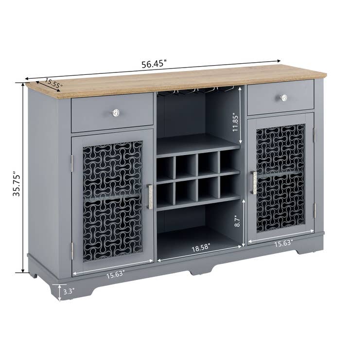 Orange County Decor - Wholesale Cabinet - Modern Farmhouse Buffet Cabinet, Sideboard With 2 Drawers And Elegant Glass Door Cabinets, Wine And Glass Rack, Coffee Bar For Kitchen, Dining Room, Light Blue And Light Oak, 56.46"W*15.55"D*35.74"H15