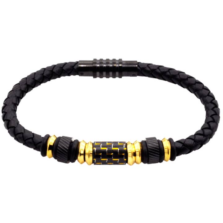Bracelet en acier inoxydable plaqué or pour homme en cuir noir avec fibre de carbone pour la vente par Blackjack Mens Jewelry