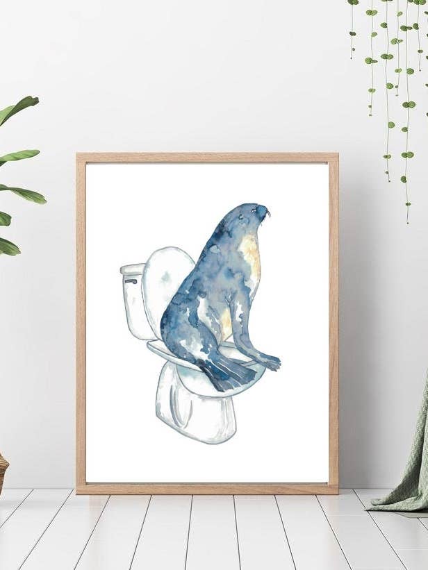Seal in the Bathroom Dinosaurus aquarel print voor wholesale door Goodfairyart