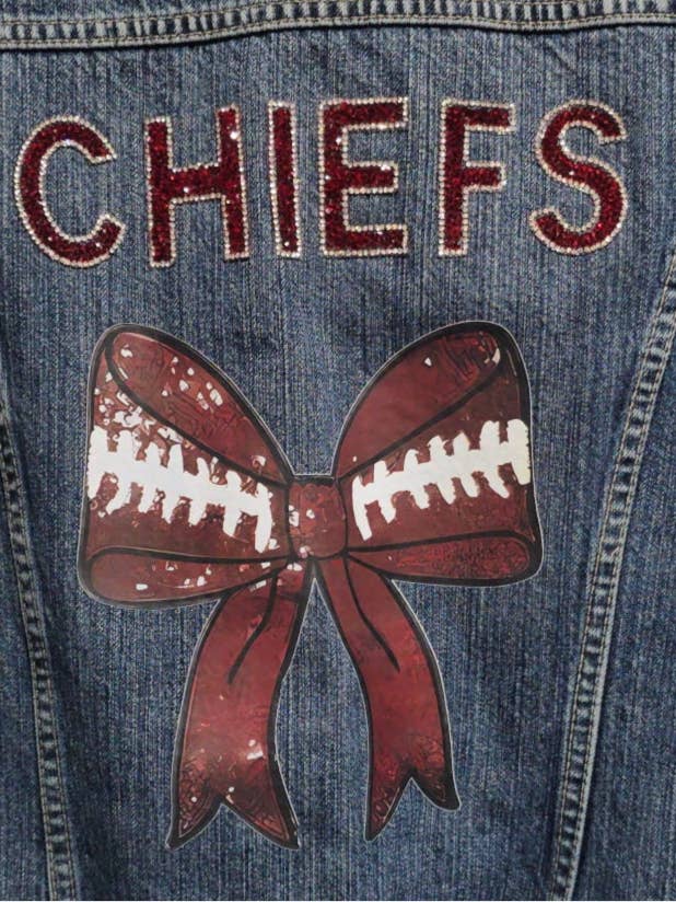 Patchwrx Customs Hat Bar - Wholesale Denim Jacket - Women's - KC Chiefs Football Jean Jacket, L Women’s2