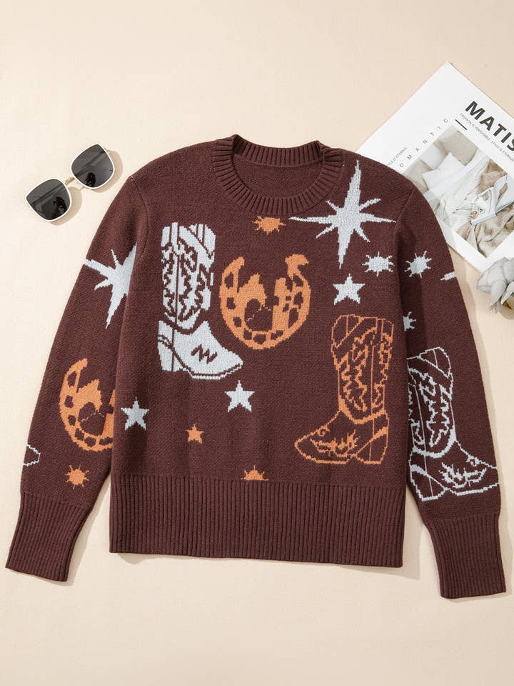 Brown Cowgirl Fashion Print Casual Sweater for wholesale by Sweet Lover Fashion