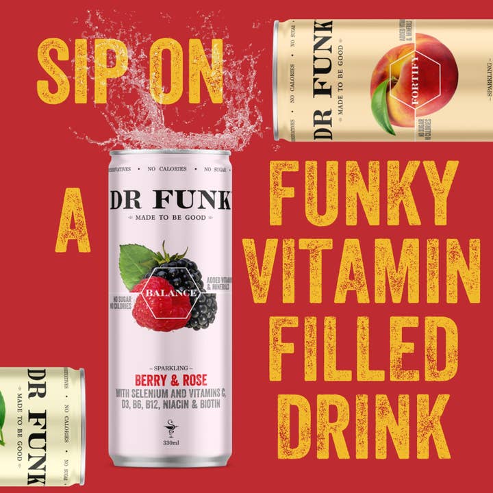 Dr Funk – wholesale Sparkling water – Berry & Rose with 7 essential nutrients 12 Pack2