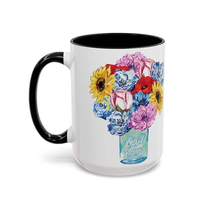 Blue Cava - Wholesale Coffee Mug - Spring Floral Mason Jar Two Tone Ceramic Mug - 11 oz & 15 oz12