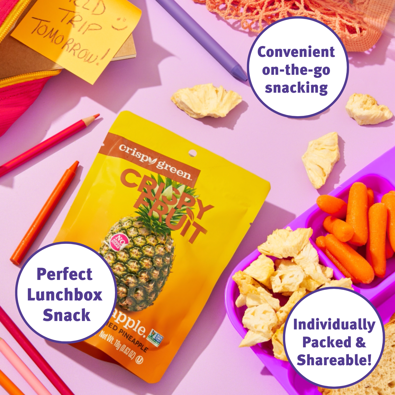 Crispy Green - Wholesale Dried/Dehydrated Fruit - Freeze Dried Pineapple 72g, Multi-pack6