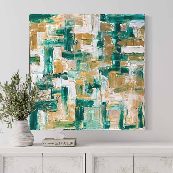 Green, Gold & White - Original Canvas Abstract Art for wholesale by Jays Acrylics