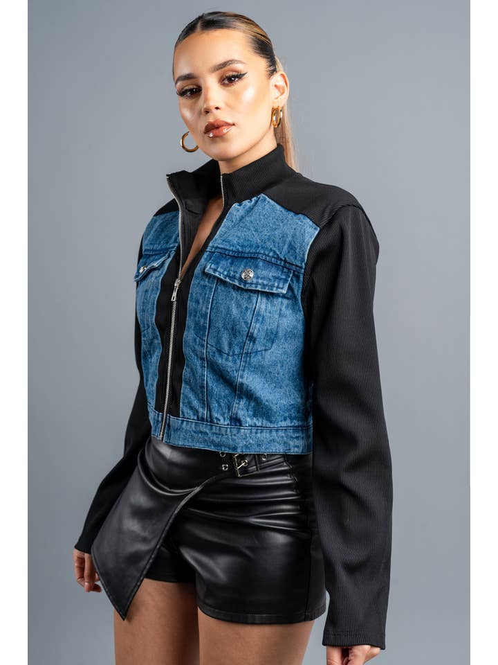 PG3428E-W_CHIC WASHED DENIM ZIPUP CROPPED RIDER JACKET for wholesale on Faire2