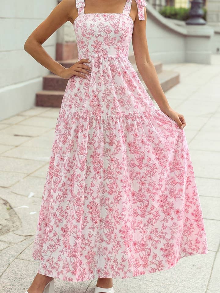 Floral Print Knot Straps High Waist Flared Maxi Dress for wholesale by 1 the Woman