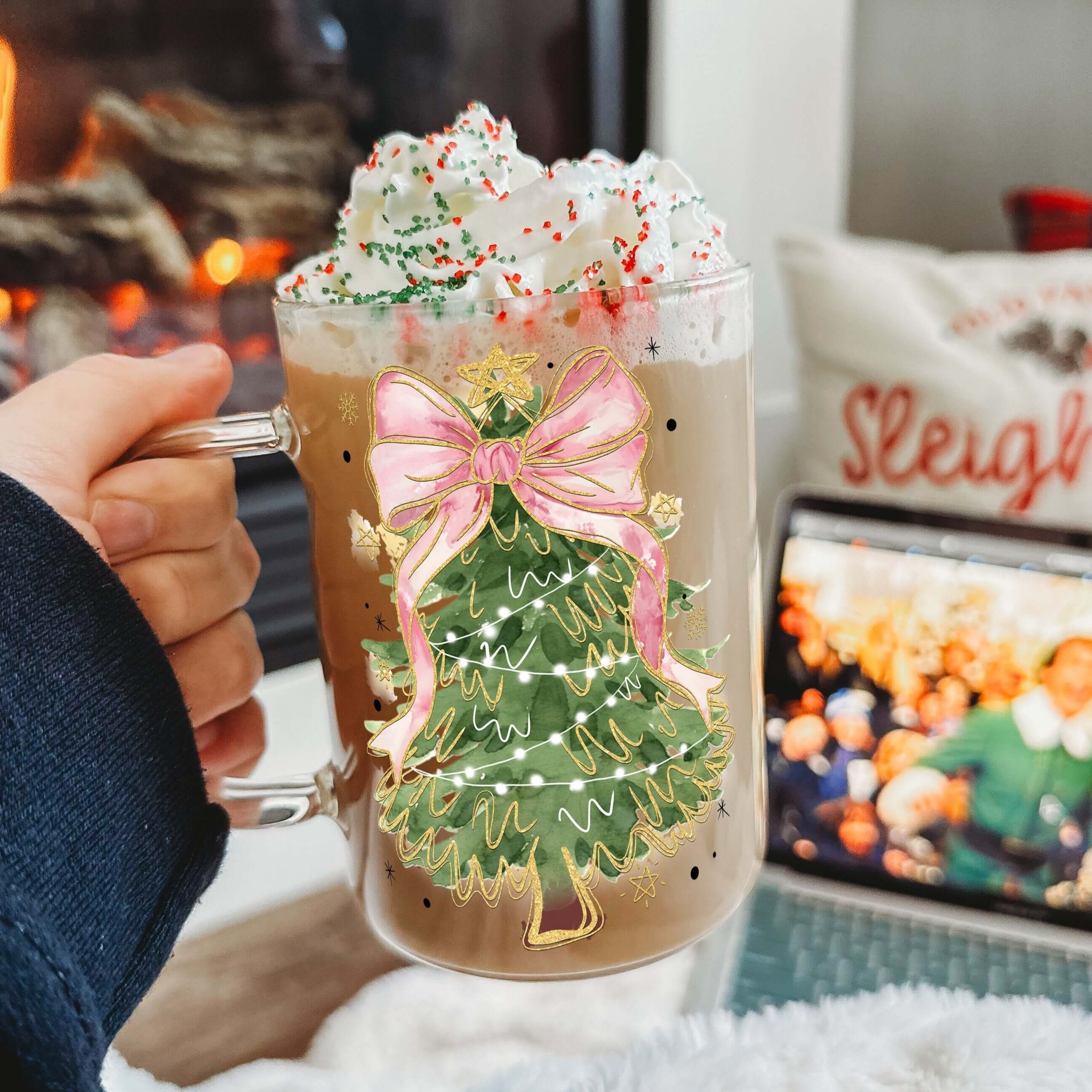 Sip-Sip Hooray! - Wholesale Coffee Mug - Coquette Bow Tree 17oz Glass Mug With Lid and Straw0