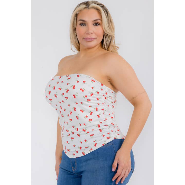 PLUS SIZE CHERRY PRINT SIDE RUCHED TUBE TOP for wholesale by Curve Market