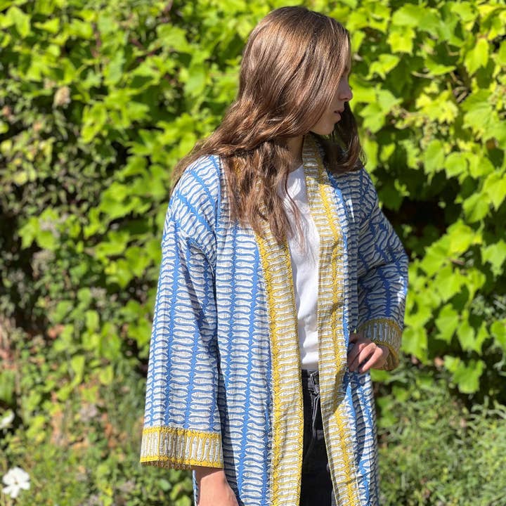 Long Cotton Kimono - Blue Fish with Mustard Trim for wholesale by Lime Tree Design