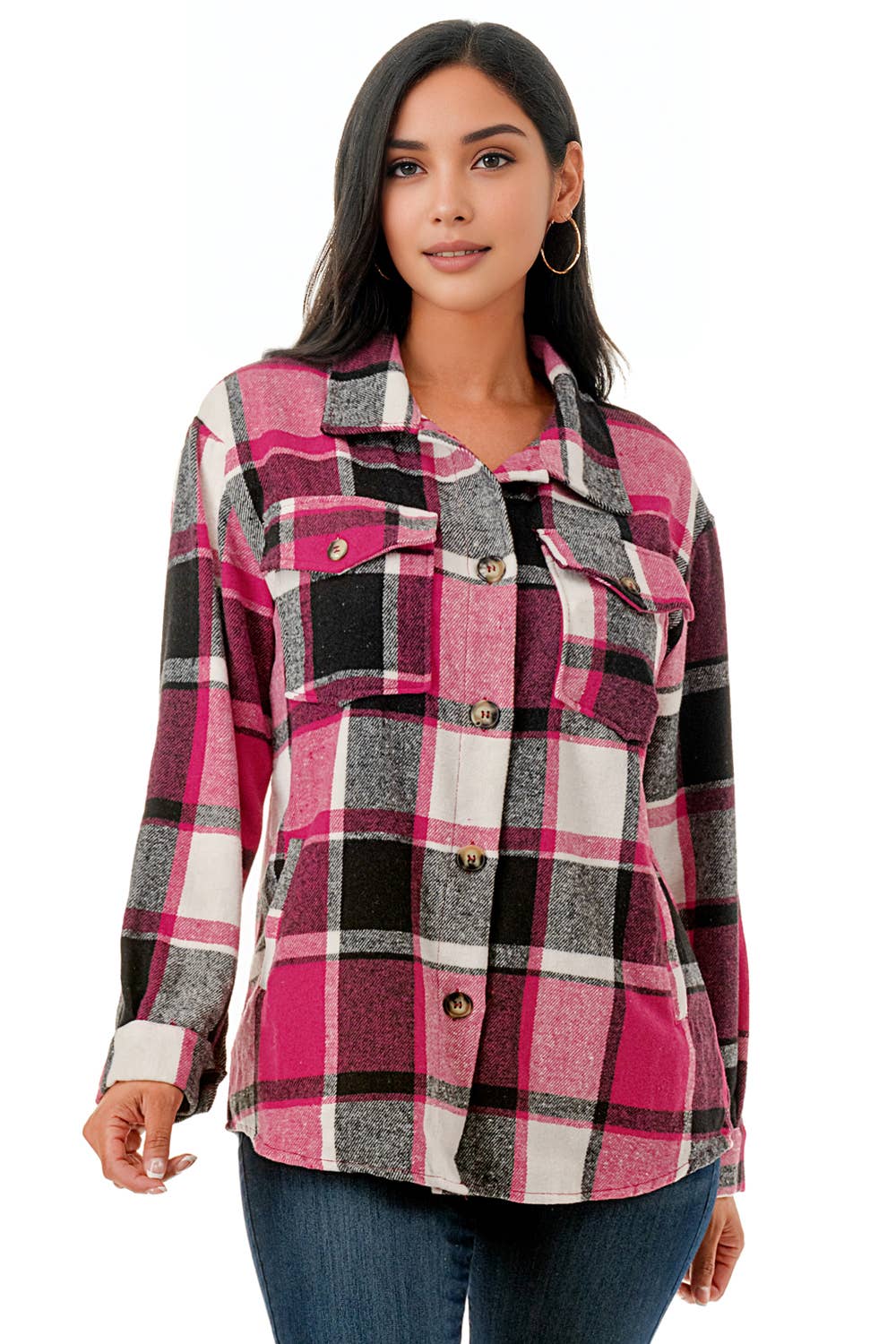 Color 5 - Vendita all'ingrosso Giacca a camicia - Donna - Camicia oversize in flanella scozzese rosa con tasche3