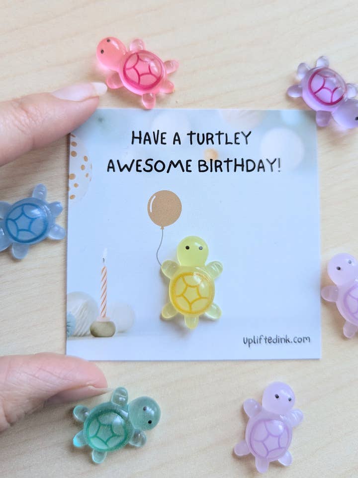 Mini Birthday Card with Glow-in-the-Dark Turtle Cute balloon for wholesale by Uplifted Ink