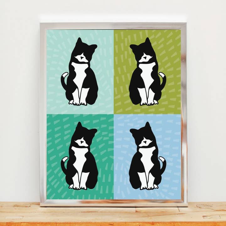Chat noir en smoking • Impression d'art pop art • Bleu et vert pour la vente par Majestik Magnolia