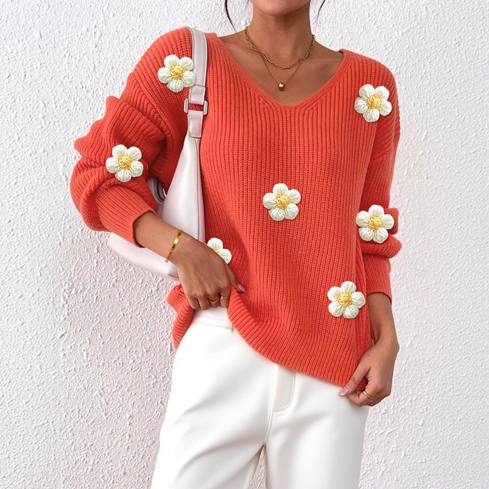 Masyal - Wholesale Knit Sweater - Women's - Women's Pullover Sweater with 3D Floral Embroidery3