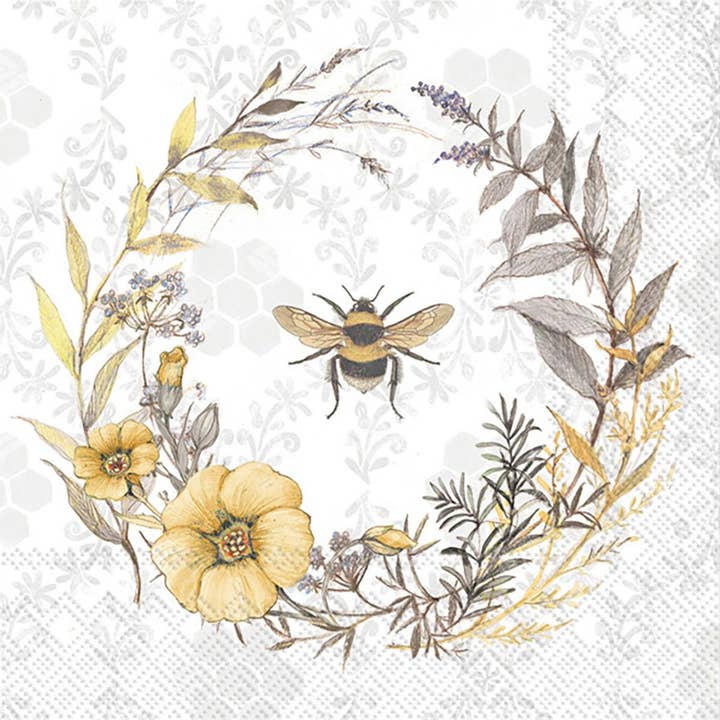 Boston International - Wholesale Disposable Napkin - Paper Cocktail Napkins Pack of 20 Bee Wildflower Wreath