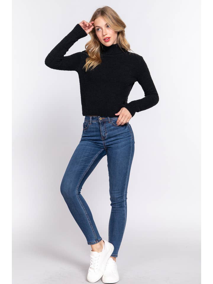 BLK black Long Sleeve Turtle Neck Fluffy Sweater for wholesale on Faire