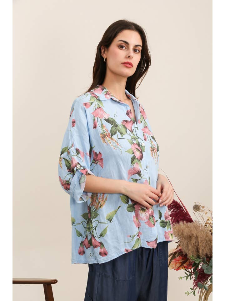 la maison des fibres naturelles - Wholesale Button Down Shirt - Women's - Floral shirt in linen blend 20090f 20% viscose 80% linen