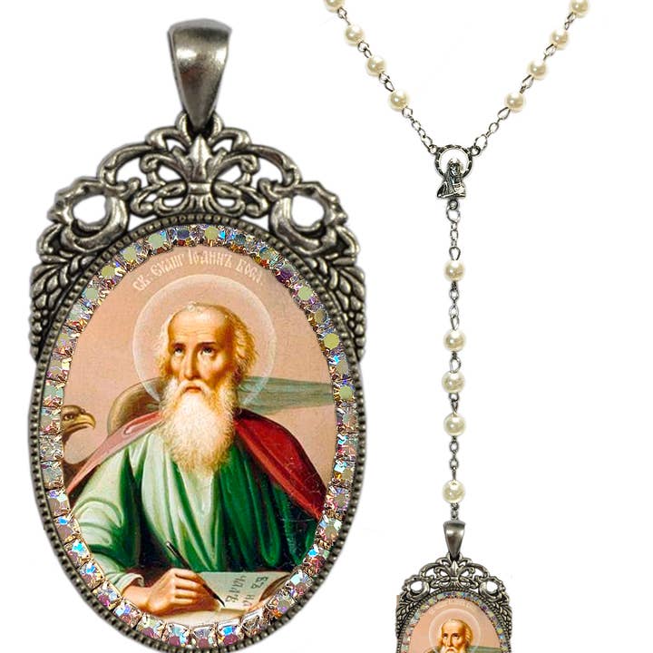 MariaSantissimaShop - Vente Collier de prière en perles - Rosaire Jean l'Apôtre - Saint Patron de l'Amour ; Loyauté ; Amitiés ; Auteurs ; Libraires ; Victimes de brûlures ; Victimes du poison-emin ; Marchands d'art