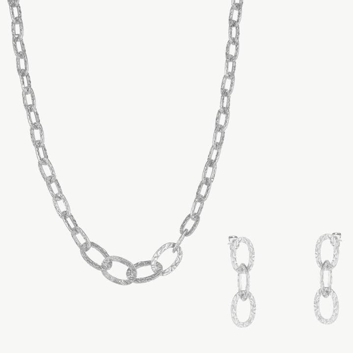 Ancient Allure Textured Silver Link Necklace and Earrings Set for wholesale by Mejoma