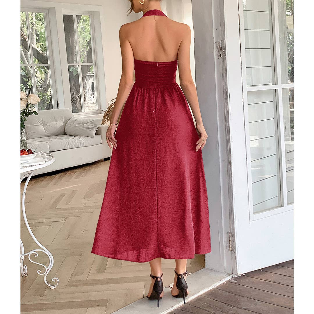 UNISHE - Wholesale Dress - Women's - Vacation Style Halter Neck Waist-Tie Maxi Dress DY3728