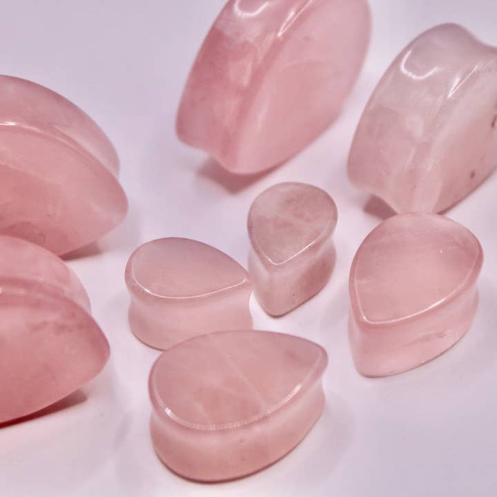 ROSE QUARTZ STONE TEAR DROP PLUGS / GAUGES PAIR for wholesale by EC Plugs and Gems