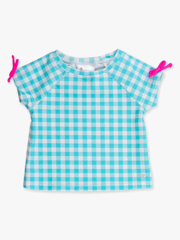 Camiseta Activa Raglán con Lazo de Cuadros Vichy en Aqua Brillante para Niñas para venta al por mayor de RuffleButts + RuggedButts