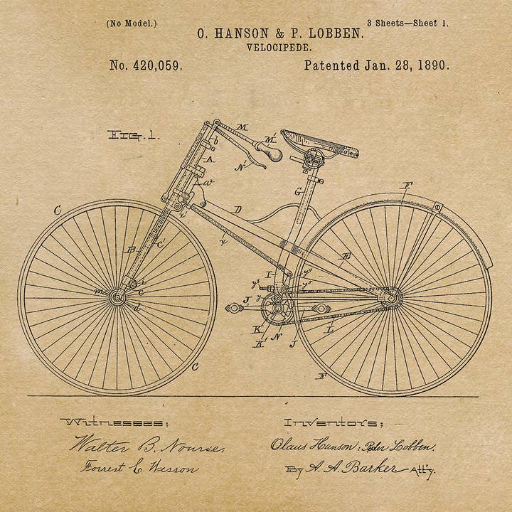 Fresh Prints of CT - Wholesale Art Print - Velocipede Bicycle 1890 Patent Art Print