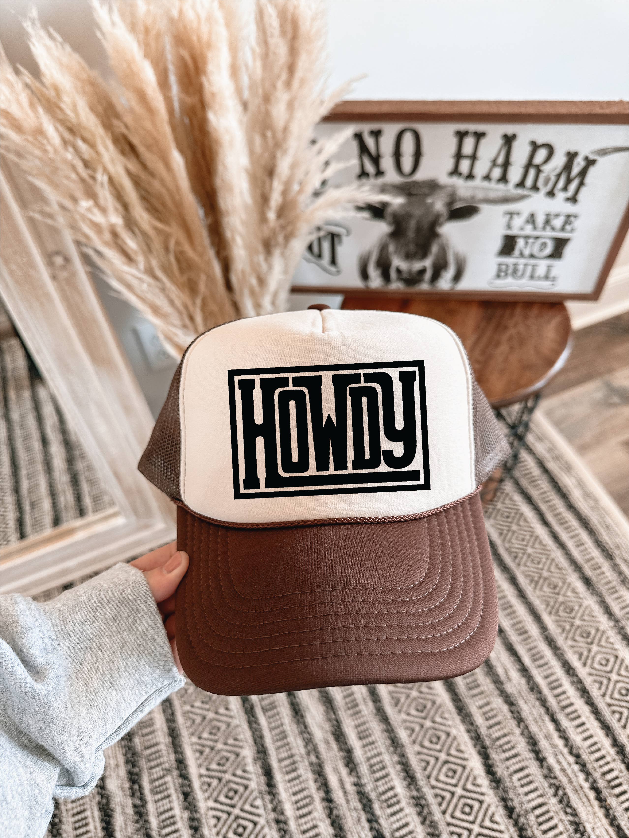 Southern Attitude Designs Inc - Wholesale Trucker Hat - Women's - Howdy DTF Printed Brown & Tan Trucker Hat
