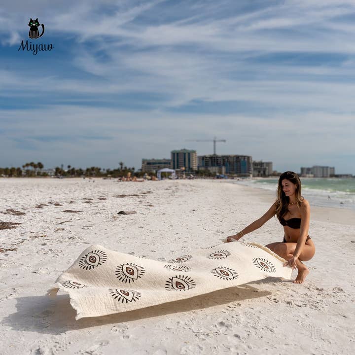 Pure & Chic, LLC - Miyawfashion - Wholesale Beach Towel - Boho Evil Eye Beach Towel – Cotton Beach Towel