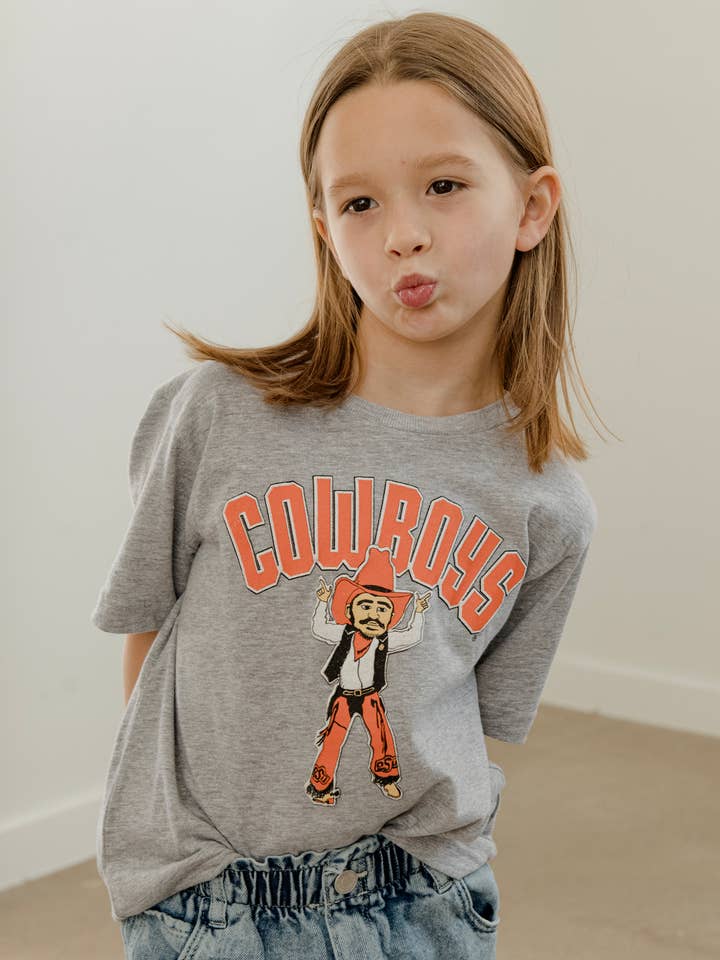 LivyLu - Wholesale Screen Printed T-Shirt - Kids - Children's OSU Cowboys Cartoon Masot Gray Tee1