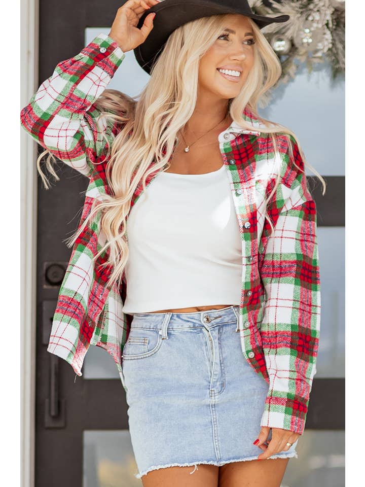 Red Plaid Flannel Buttoned Christmas Shacket for wholesale on Faire4