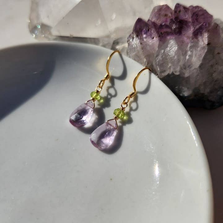 Light Amethyst and Peridot Gold Earrings for wholesale by Edgy Petal Jewelry