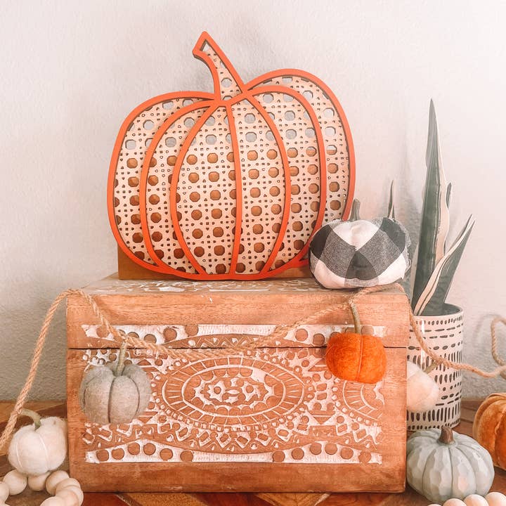 Willie & Dolly Designs - Wholesale Decorative Tabletop Object - Rattan Boho Pumpkin