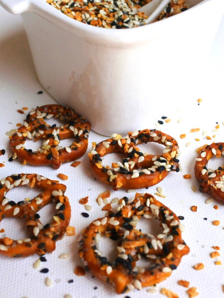 Everything Bagel Pretzels/5.5 oz resealable for wholesale by Rhino Pretzels by the Gourmet Rhino